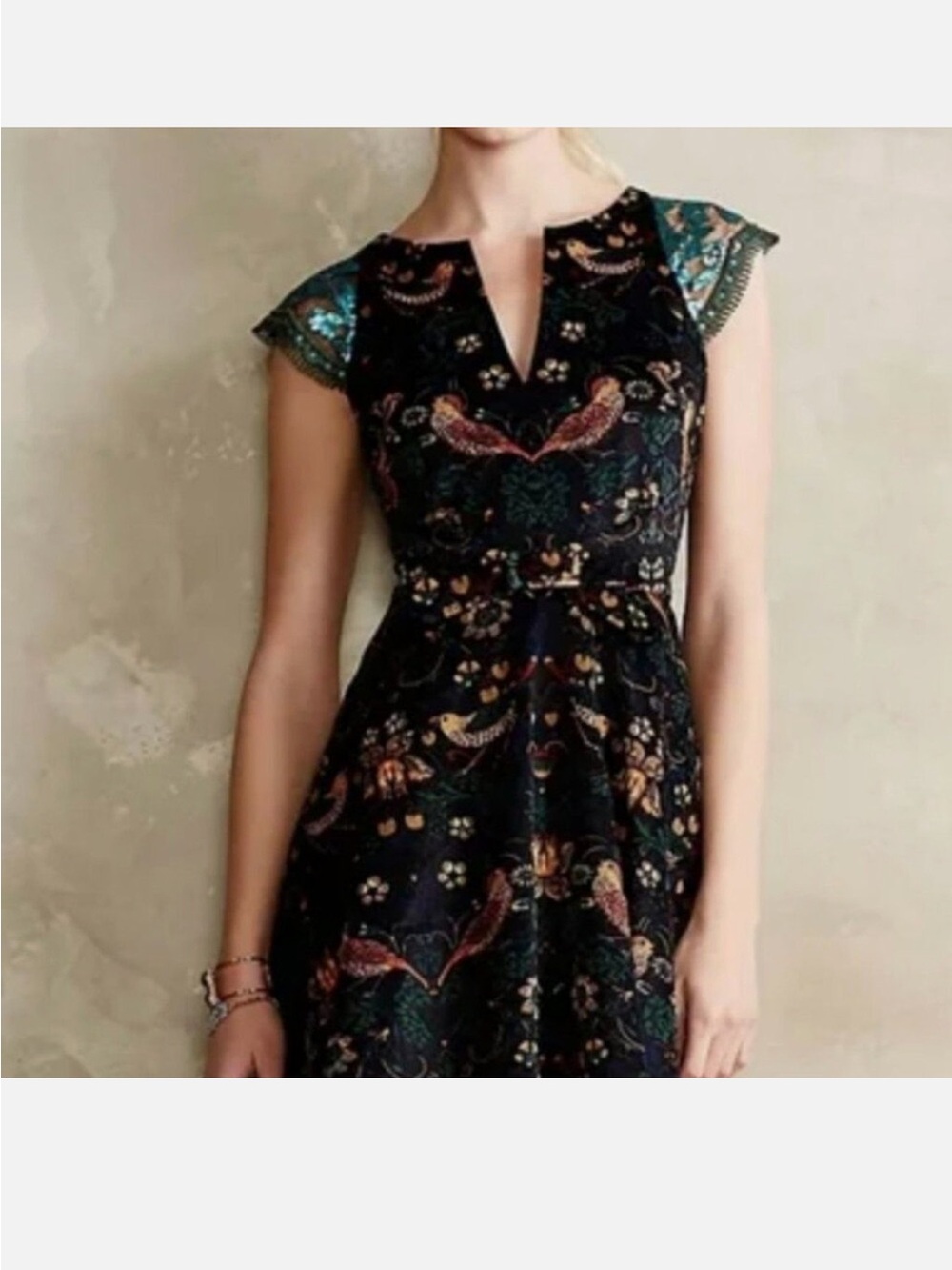Rare Eva Franco Anthro Larksong Corduroy Bird Dress 2 Sequin Mesh Sleeves